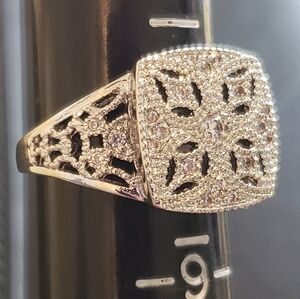 Ring, Vintage Inspired Art Deco Style, Cluster Of Gemstones In Shield Pattern S8